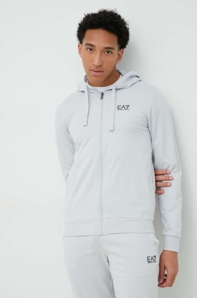 Бавовняна кофта EA7 Emporio Armani чоловіча колір чорний з капюшоном однотонна