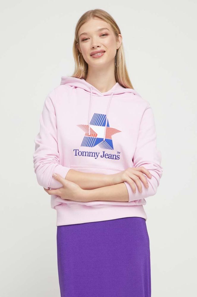 Бавовняна кофта Tommy Jeans жіноча колір рожевий з капюшоном з принтом (3590750)