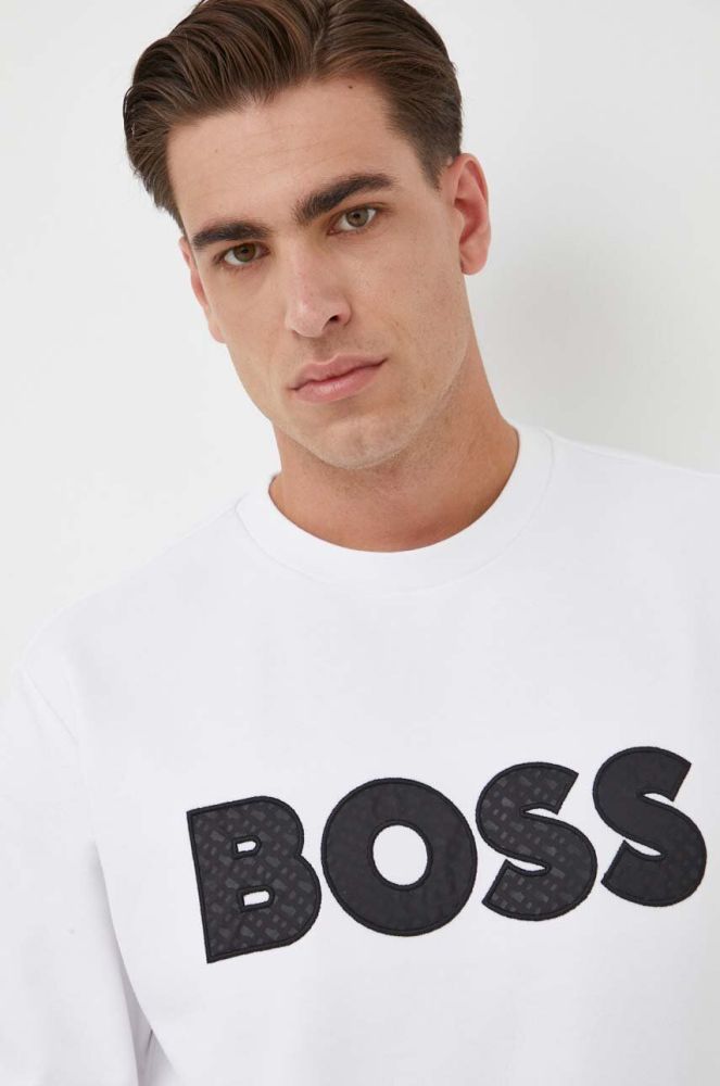 Бавовняна кофта BOSS чоловіча колір білий з аплікацією