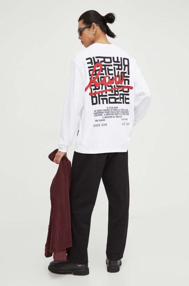 Бавовняний лонгслів G-Star Raw колір білий візерунок