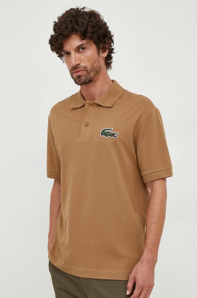 Бавовняне поло Lacoste колір бежевий з аплікацією