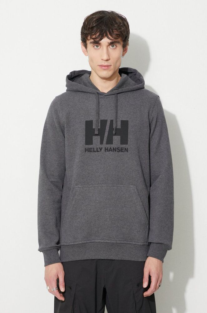 Бавовняна кофта Helly Hansen чоловіча колір сірий з капюшоном з аплікацією