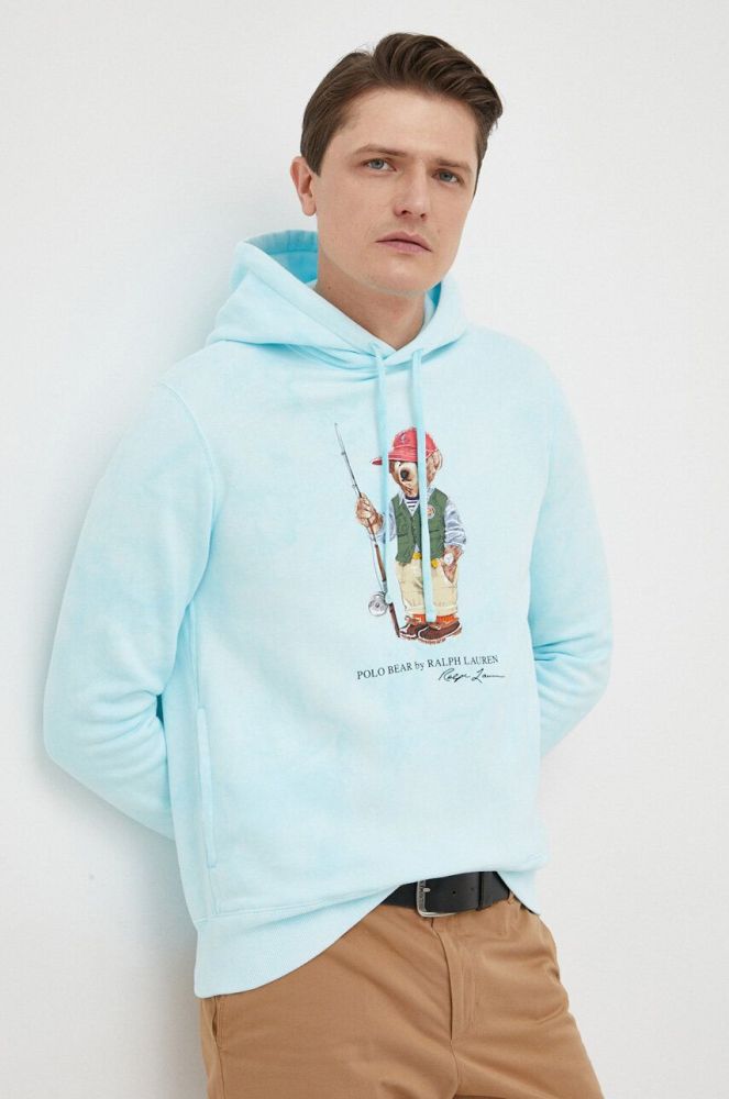 Кофта Polo Ralph Lauren чоловіча з капюшоном з принтом колір блакитний (3169913)